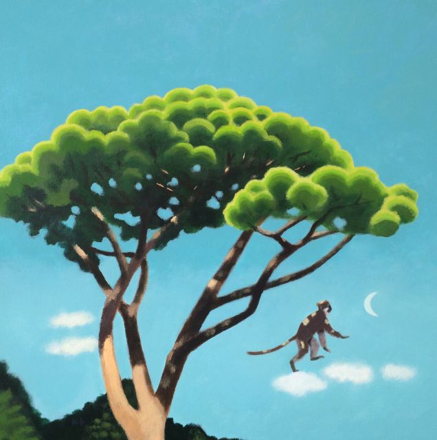 Kyoko Dufaux, 2015, La scimmia e il pino, acrilico su tela